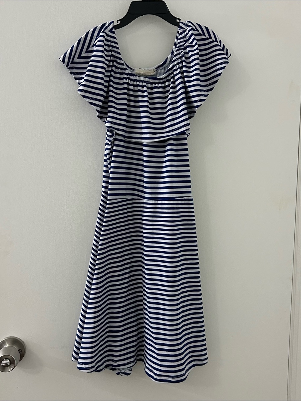 btween Navy and White Striped Flutter Sleeve Casual Dress